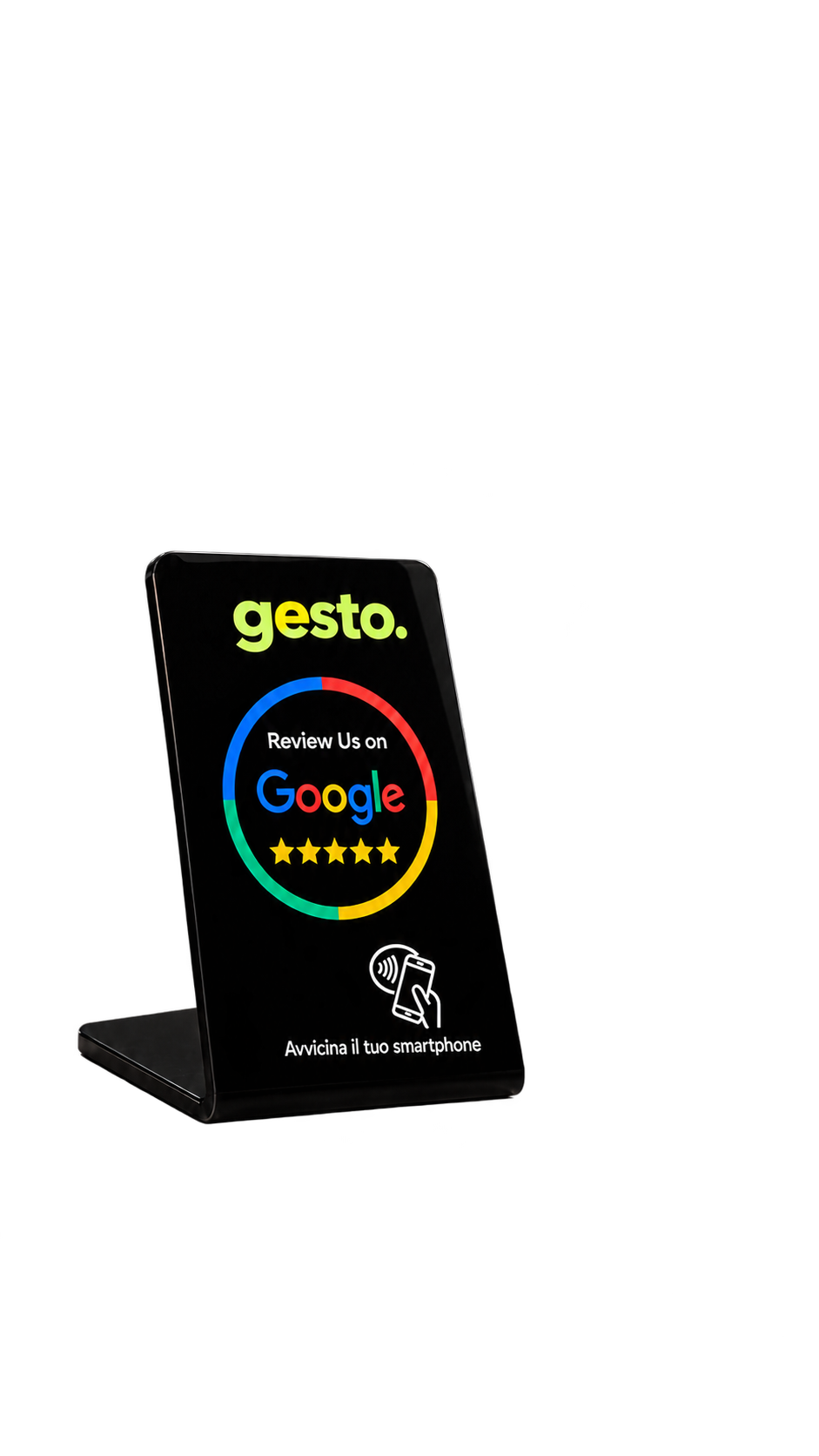 Espositore Gesto nero con logo, Google e simbolo NFC